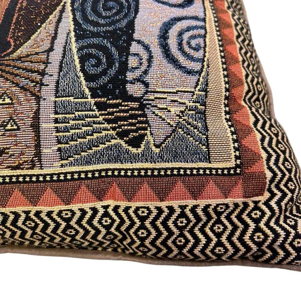 Vintage Laurel Burch Cats Tapestry Throw Pillow 16” Sq. Tan Ultrasuede Back